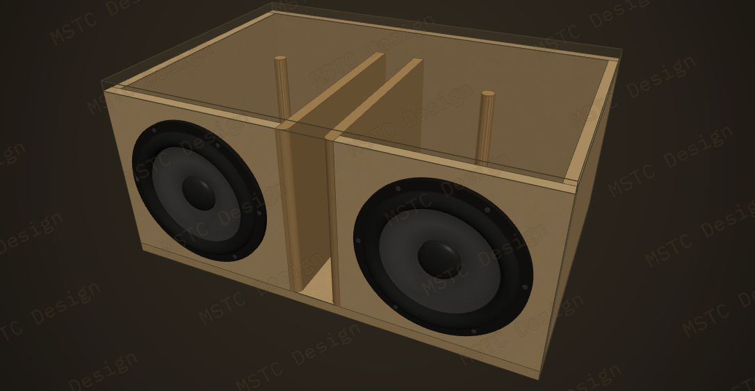 Bassreflex med slot-port i midten, 2× 12 tommer, 156 L, 30 Hz